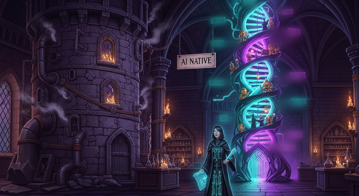 Dark-magic illustration of a stone tower with machinery bolted on beside a living tower grown around a DNA helix, under a sign labeled AI native
