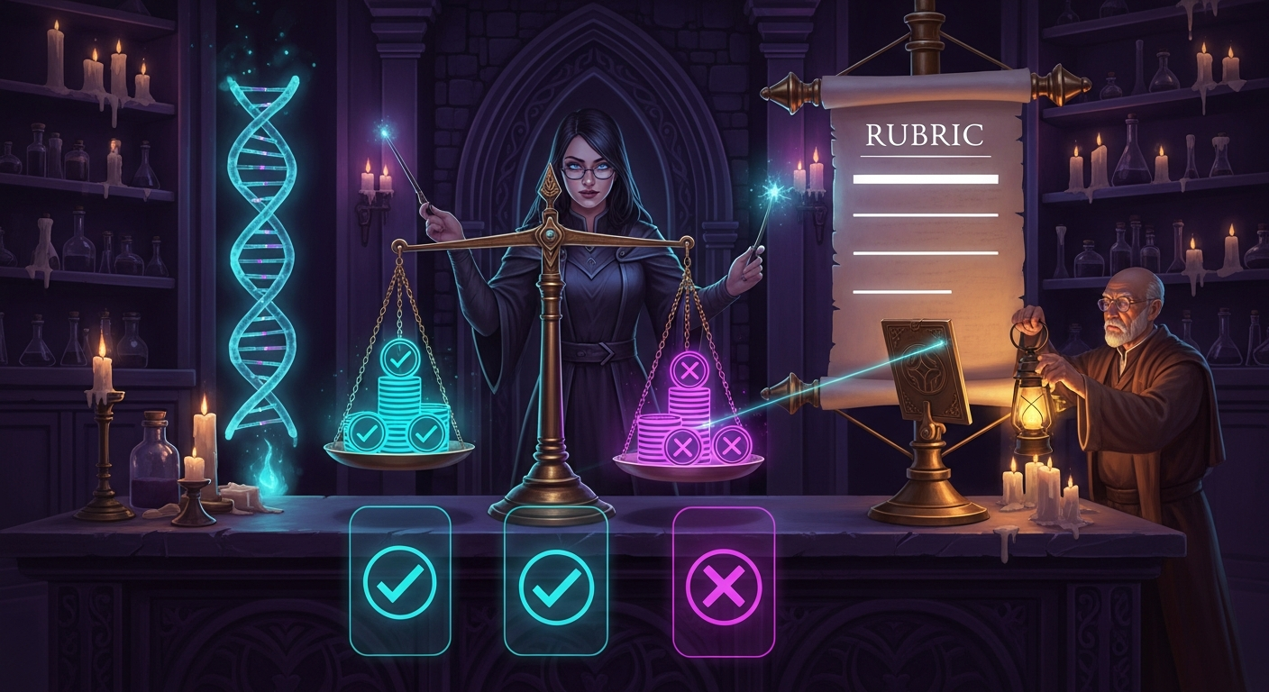 Dark-magic illustration of a female archmage calibrating a brass balance scale weighing checkmark tokens against cross tokens beside an anchored rubric scroll, while a domain expert aligns the scale to his golden reference tablet with a beam of light