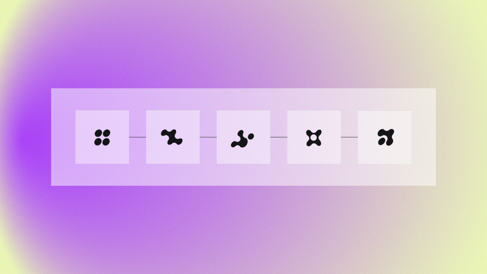 Five Mutagent glyphs on a row of linked tiles over a violet-to-lime gradient