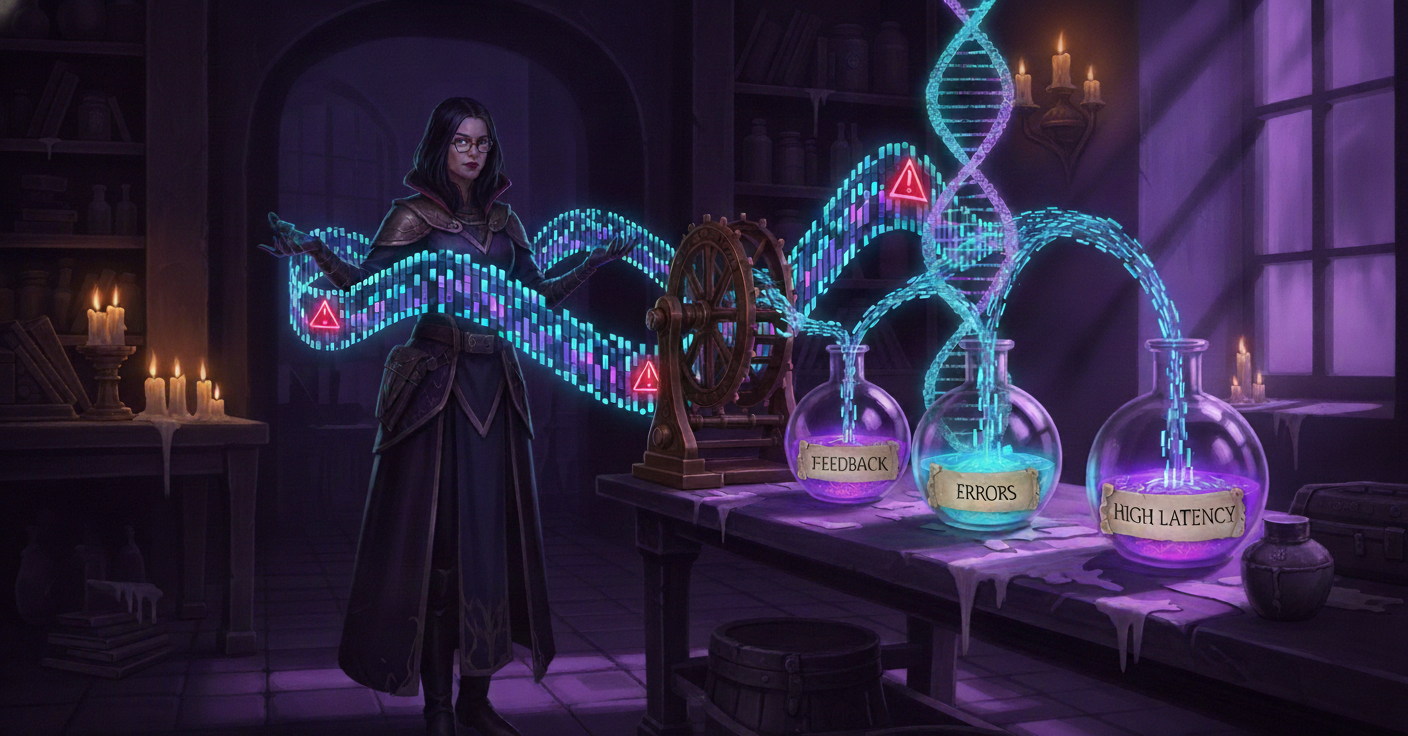 Dark-magic illustration of a female archmage guiding a glowing ribbon of trace spans through a brass sorting wheel that splits it into three flasks labeled feedback, errors, and high latency, with red warning markers on failing spans and a DNA helix of traces rising behind