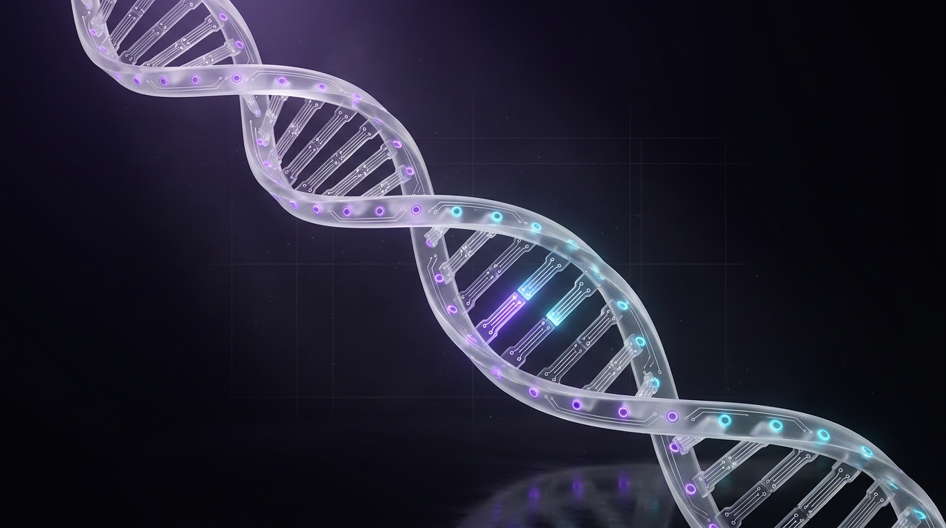 A translucent glass DNA helix, white circuit traces, strands pulsing with violet and cyan light pads, one segment freshly rewritten, in a violet-black void