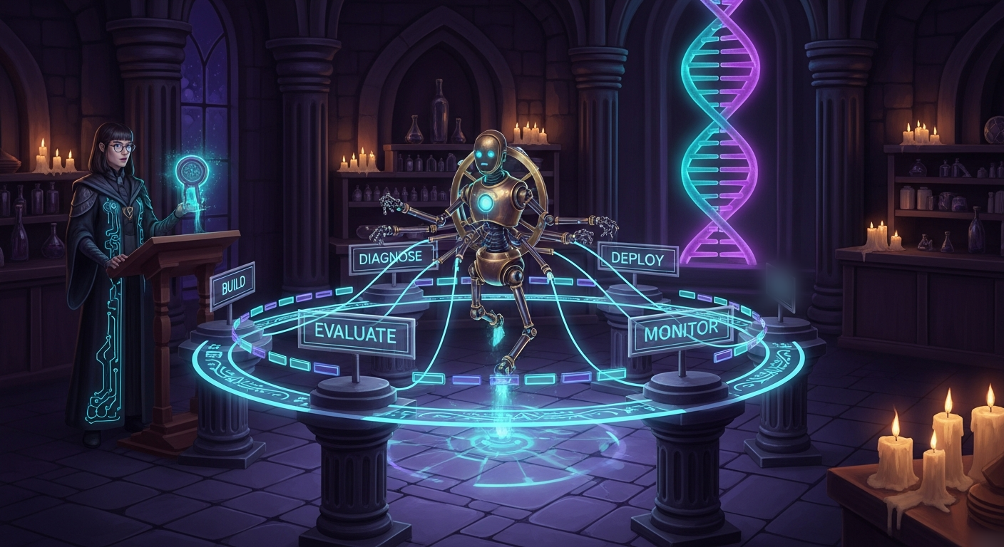 Dark-magic illustration of a brass automaton engineer hovering over a glowing lifecycle ring, its light arms operating five stations labeled build, evaluate, deploy, monitor, and diagnose, while a female archmage supervises from a lectern beside a DNA helix