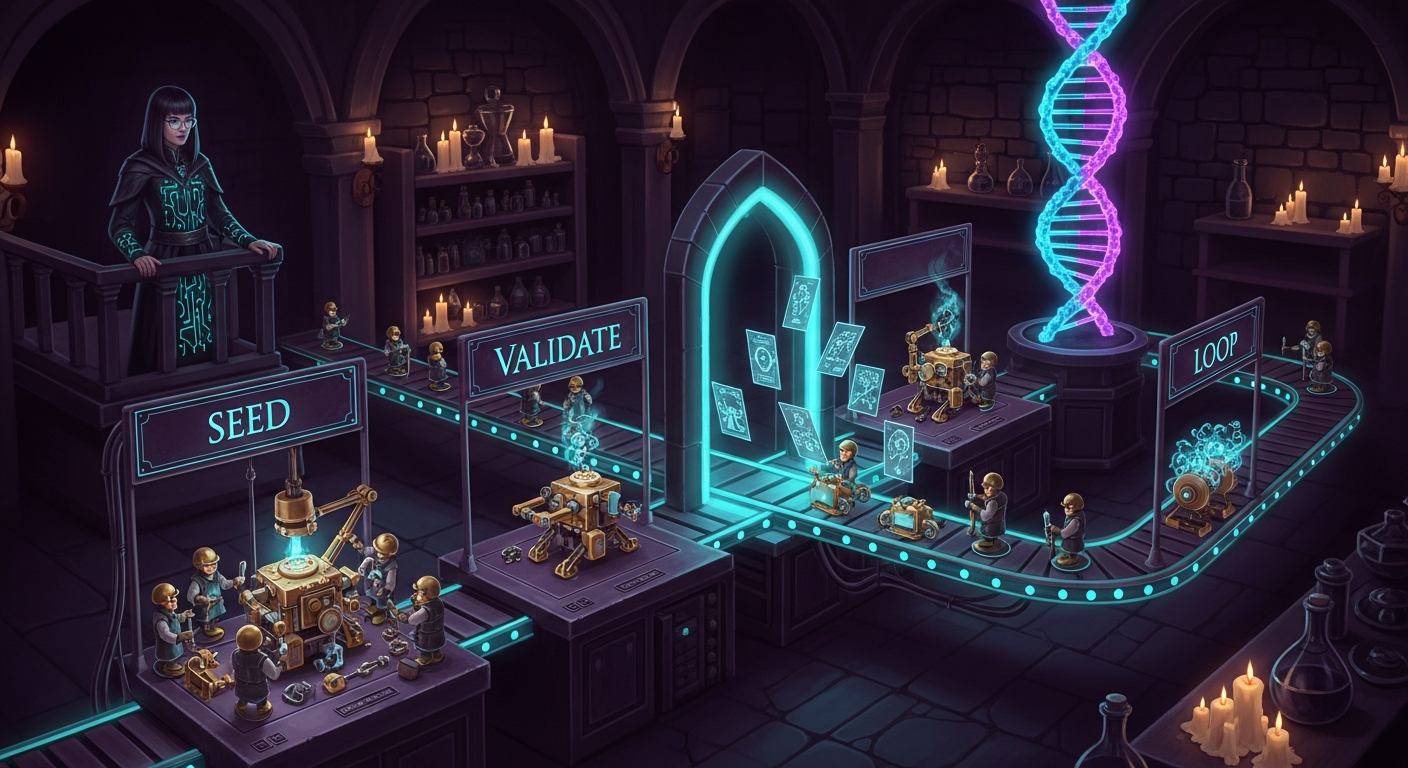 Dark-magic illustration of automatons assembling a new agent on a conveyor loop through stations labeled seed, validate, and loop while the archmage oversees the line