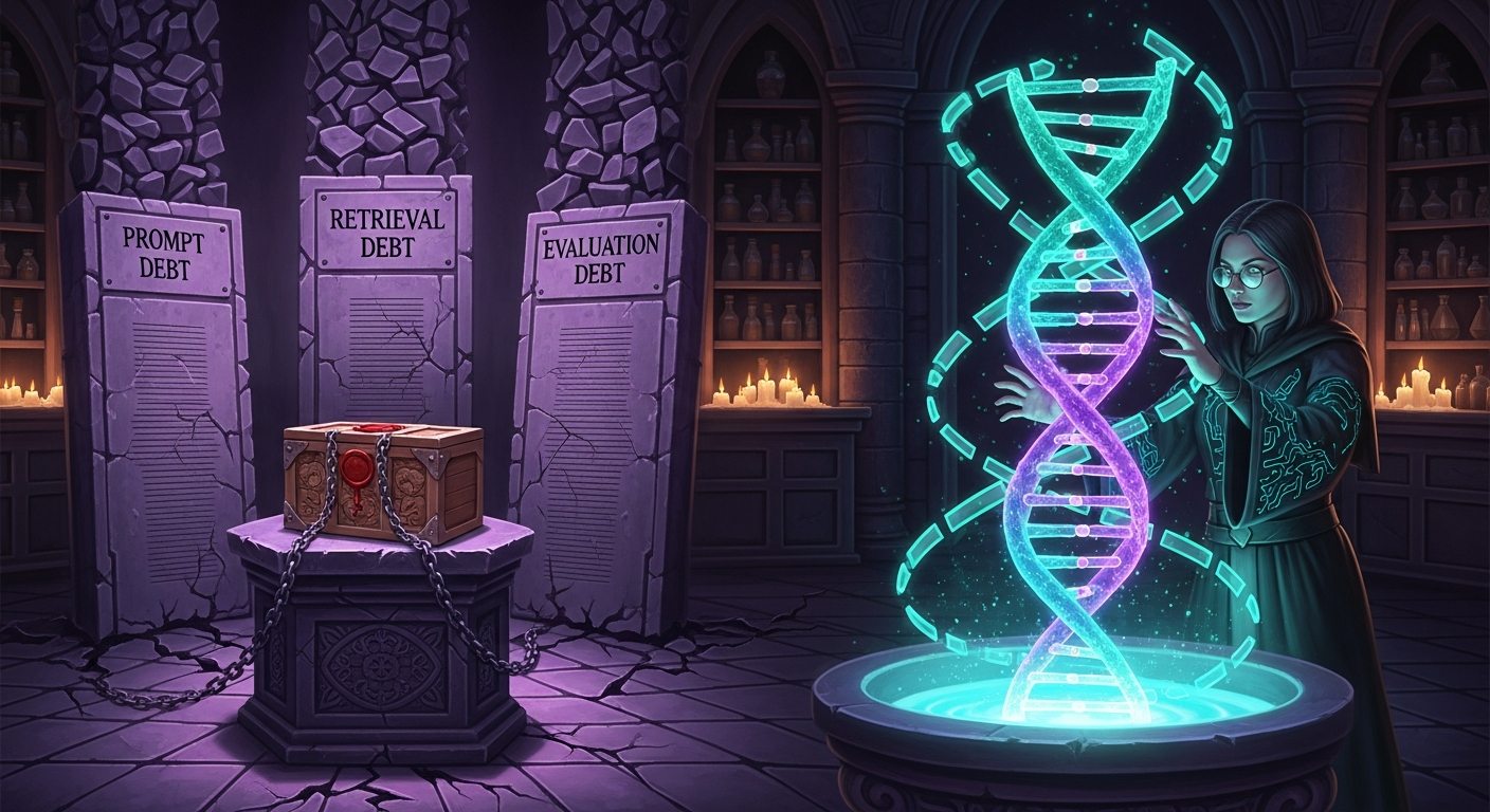 Dark-magic illustration of three cracked stone monoliths labeled prompt debt, retrieval debt, and evaluation debt looming over a chained, wax-sealed artifact crate, while a female archmage guides a living DNA helix growing from an open basin