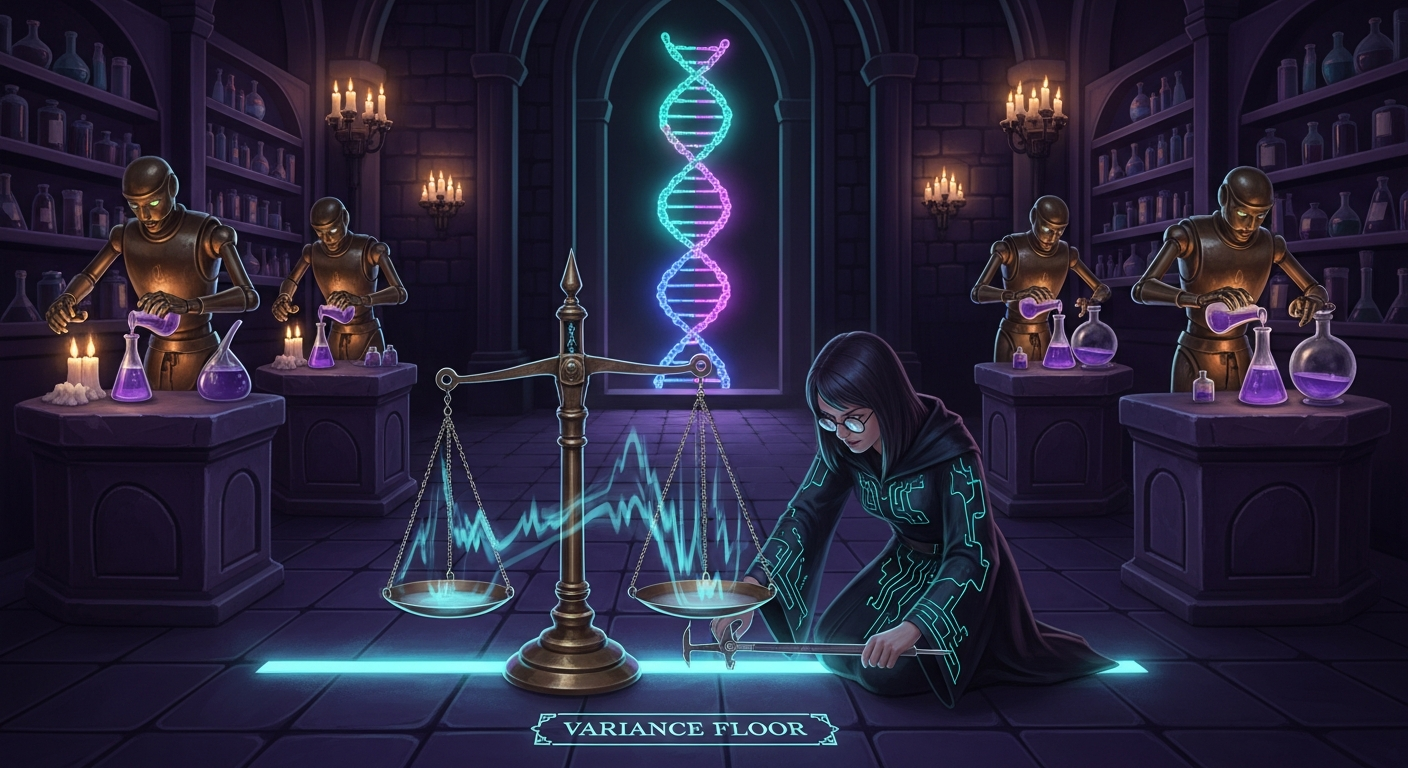 Dark-magic illustration of three identical automaton alchemists feeding one trembling balance scale above a glowing line labeled variance floor