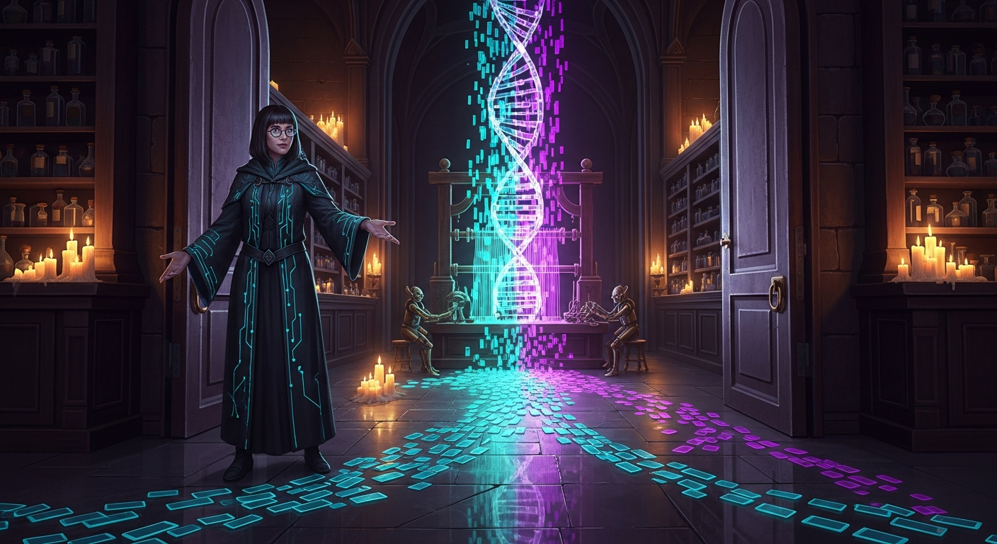 Dark-magic illustration of the archmage welcoming visitors at open laboratory doors while a river of traces weaves through a loom into a rising DNA helix