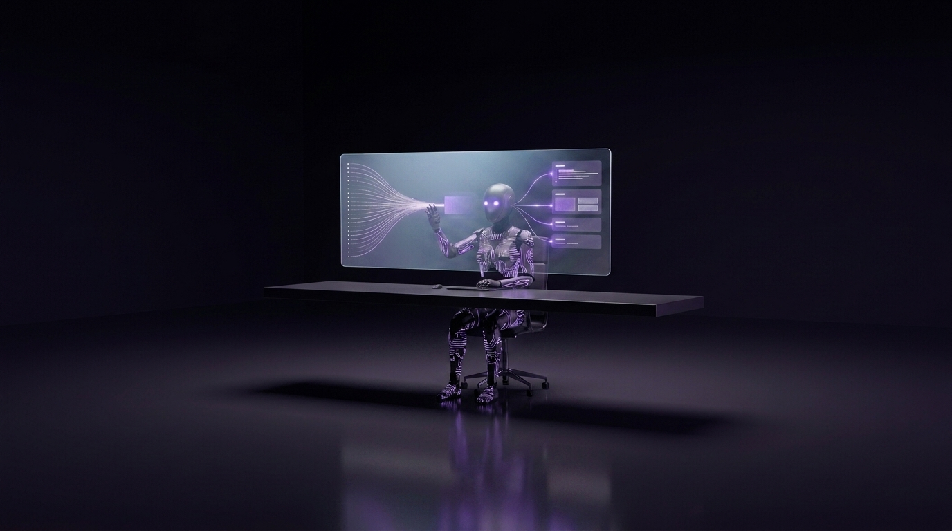 A single desk in a dark empty office: a TRON-styled android with PCB texture and violet eyes conversing with one glowing interface, traces in, agents out