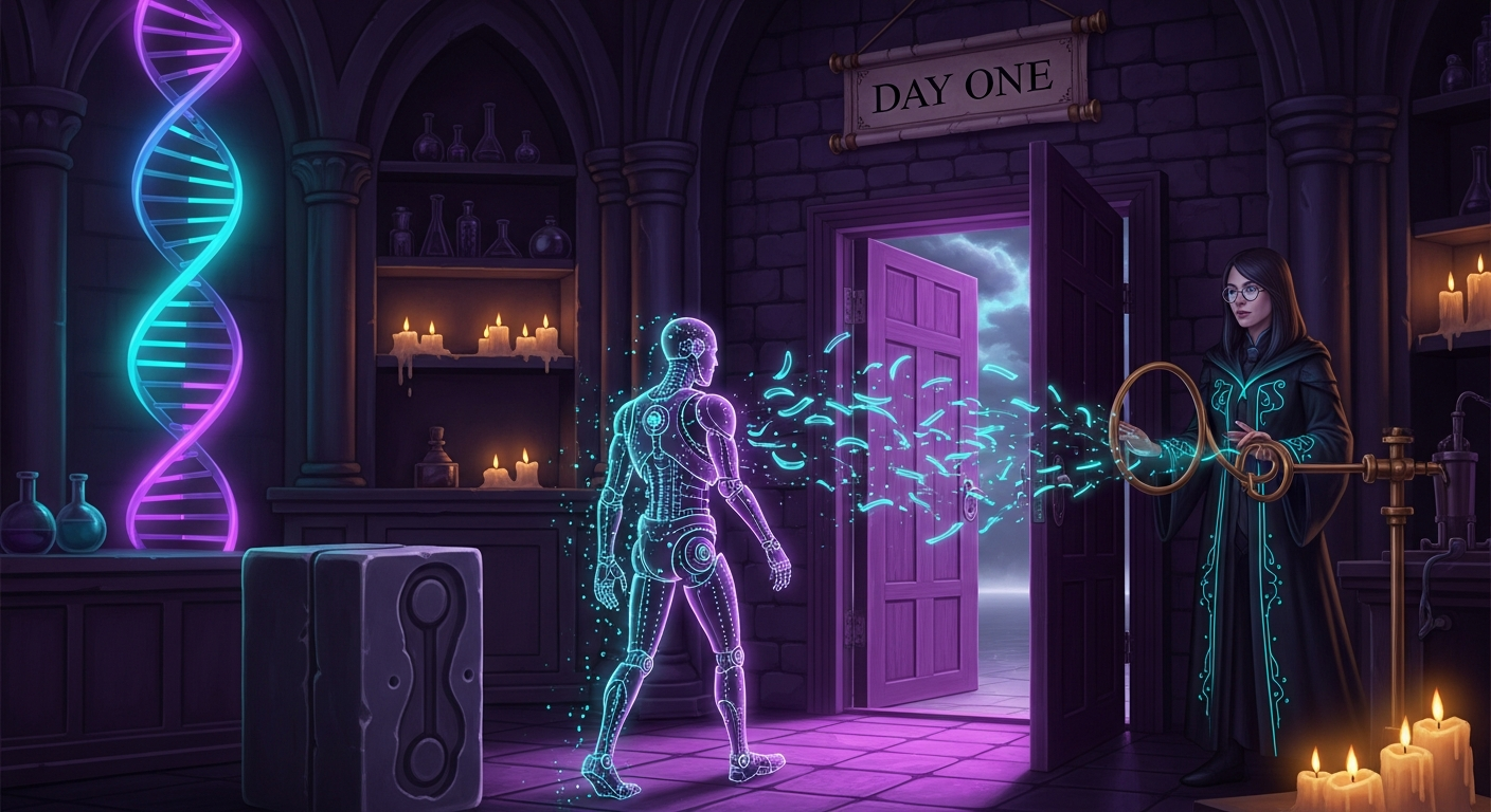 Dark-magic illustration of a half-materialized dotted-outline automaton stepping through a door under a calendar labeled day one while the archmage traces a correction loop